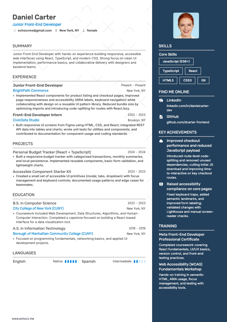 Junior Front-End Developer example resume