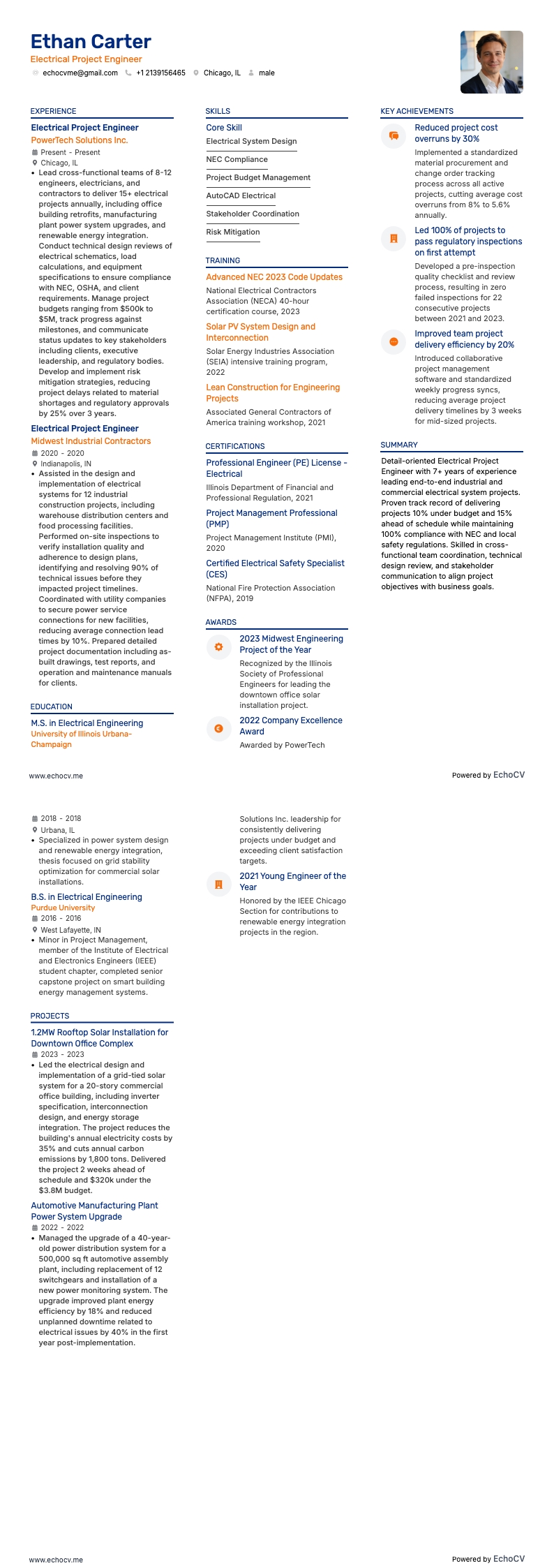 Projektingenjör inom elkraft example resume