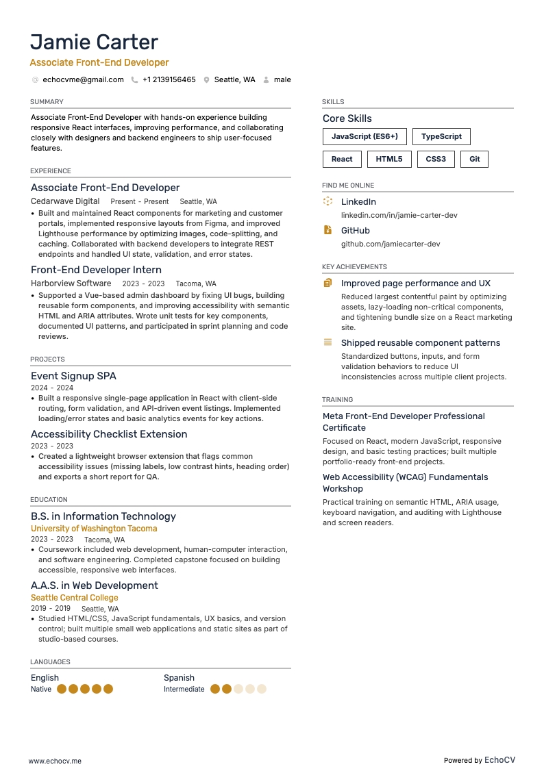 Junior Front-End Developer resume example