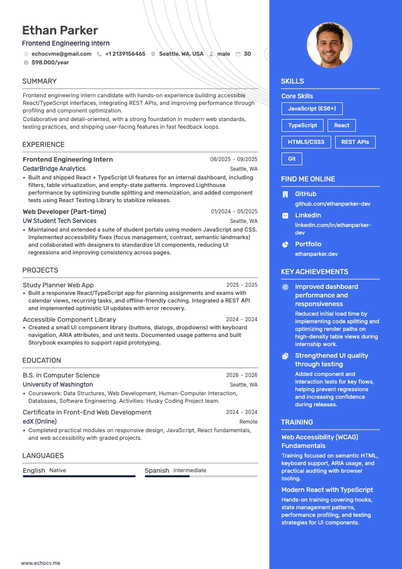 Frontend Engineering Intern example resume