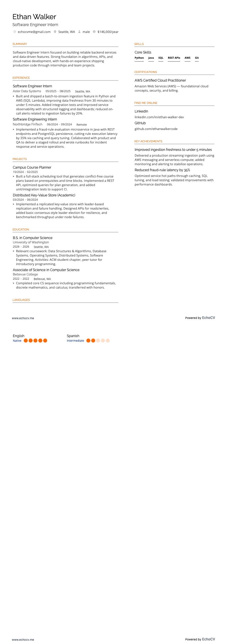 Software Engineer Intern example resume