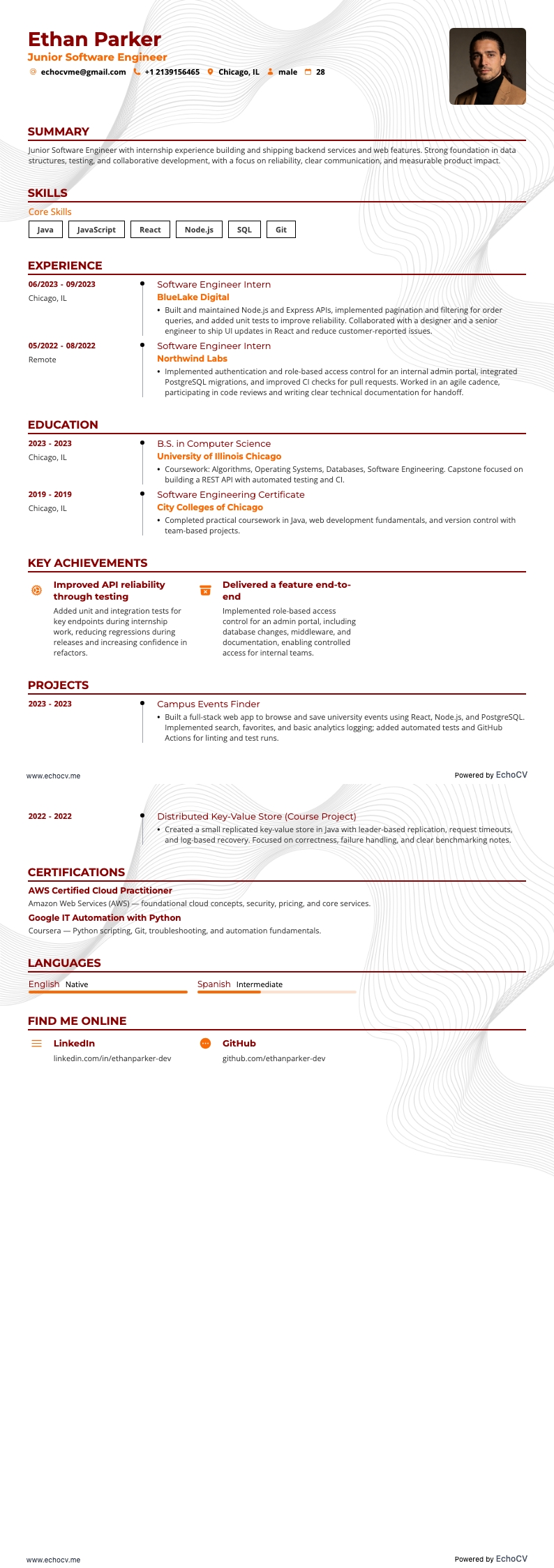 Junior Software Engineer example resume