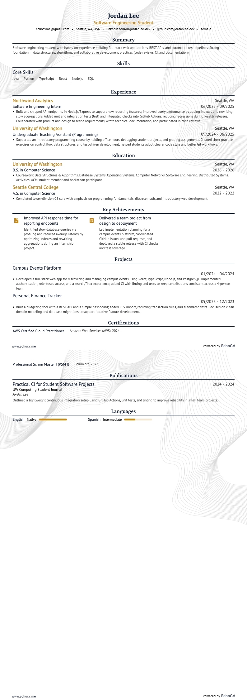 Software Engineering Student example resume