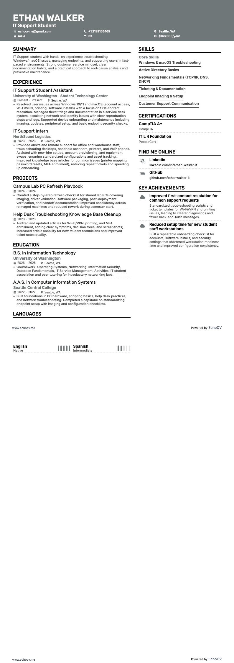 Étudiant en ingénierie resume example