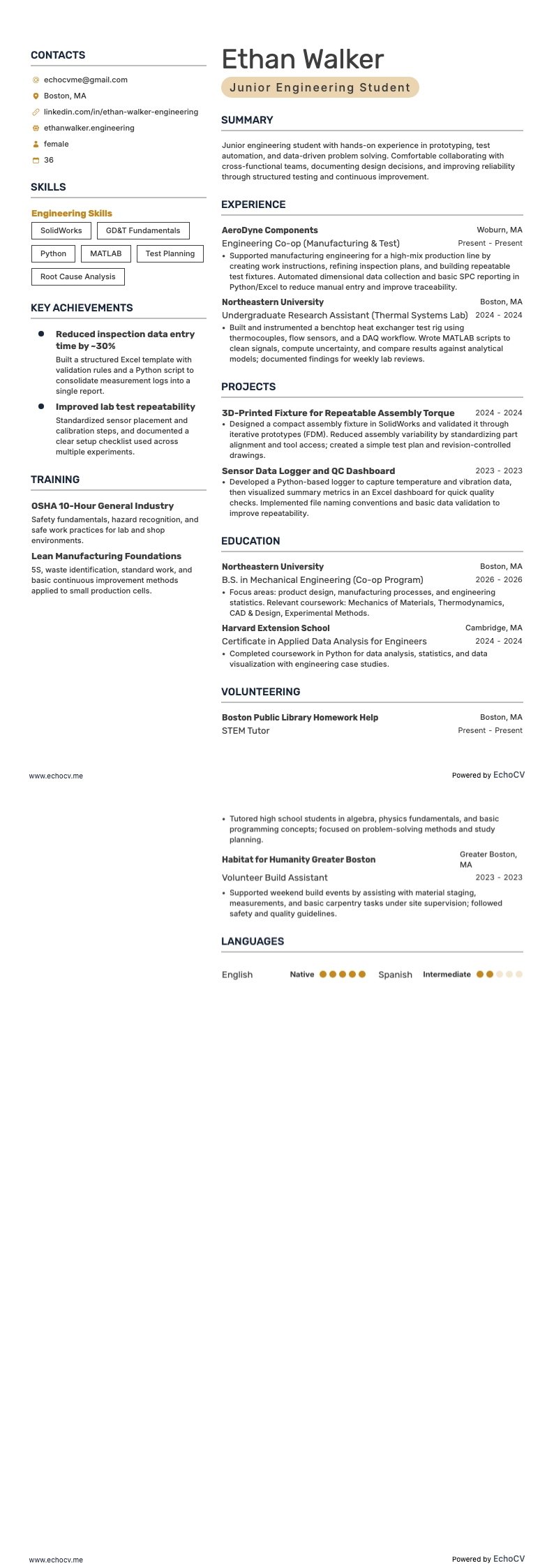 Junior Engineering Student example resume