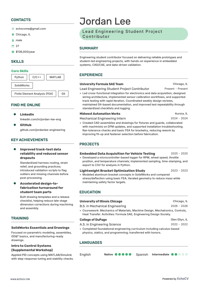 Lead Engineering Student Project Contributor full preview