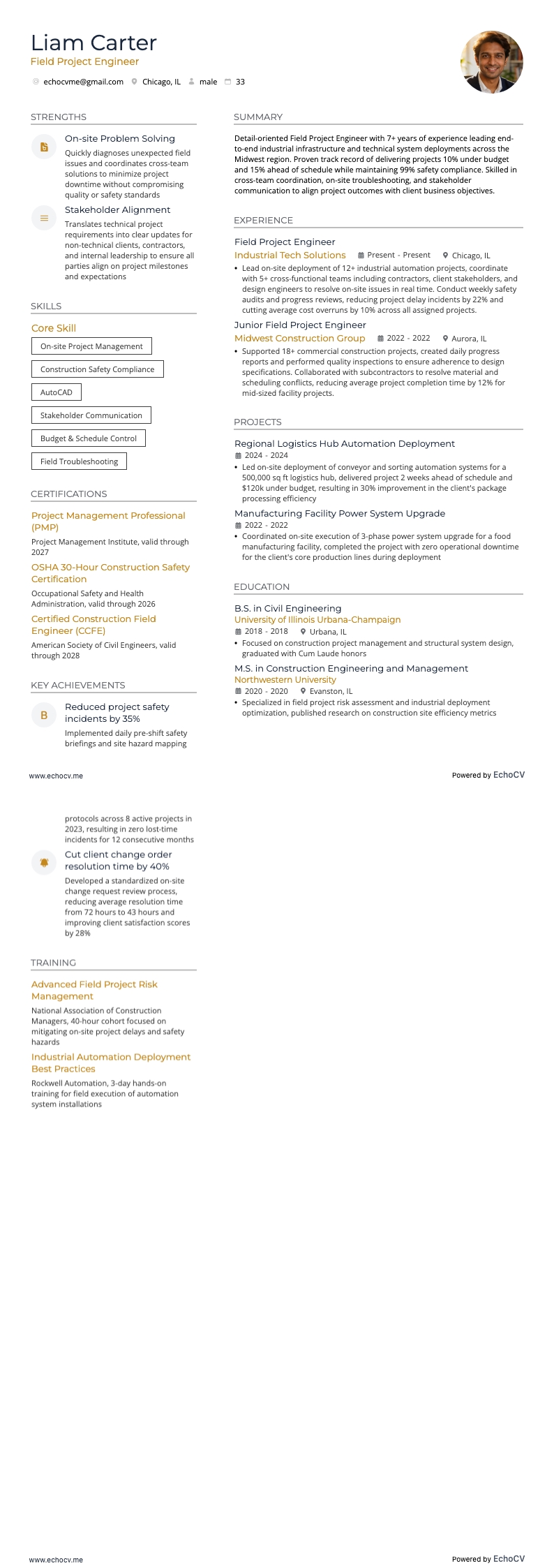 Projektingenjör inom fältarbete example resume