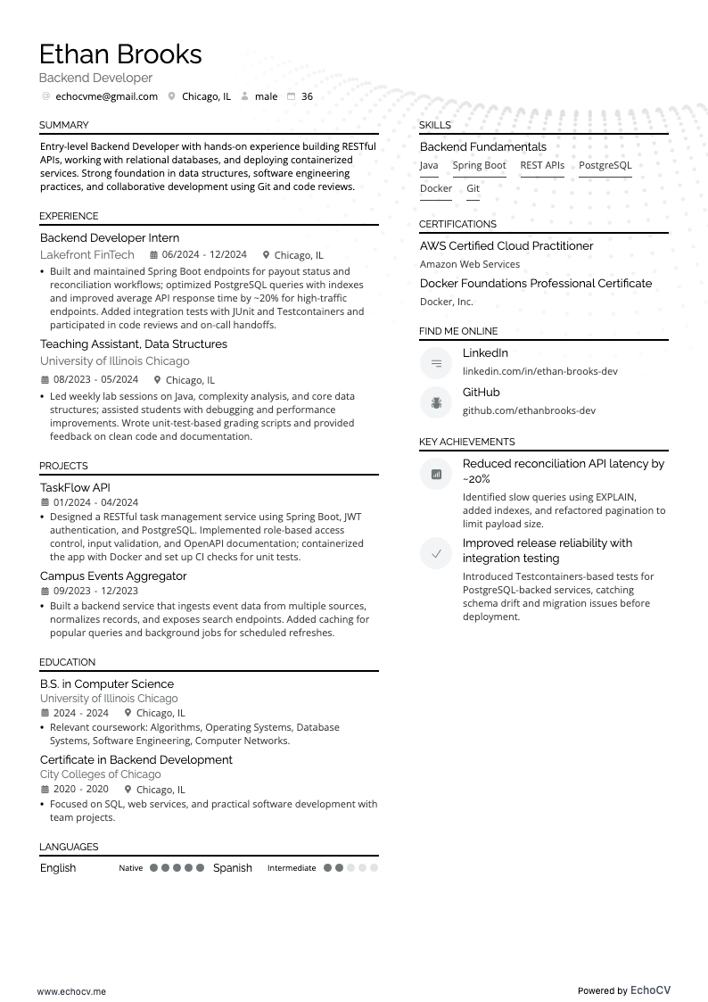 Backendutvecklare example resume
