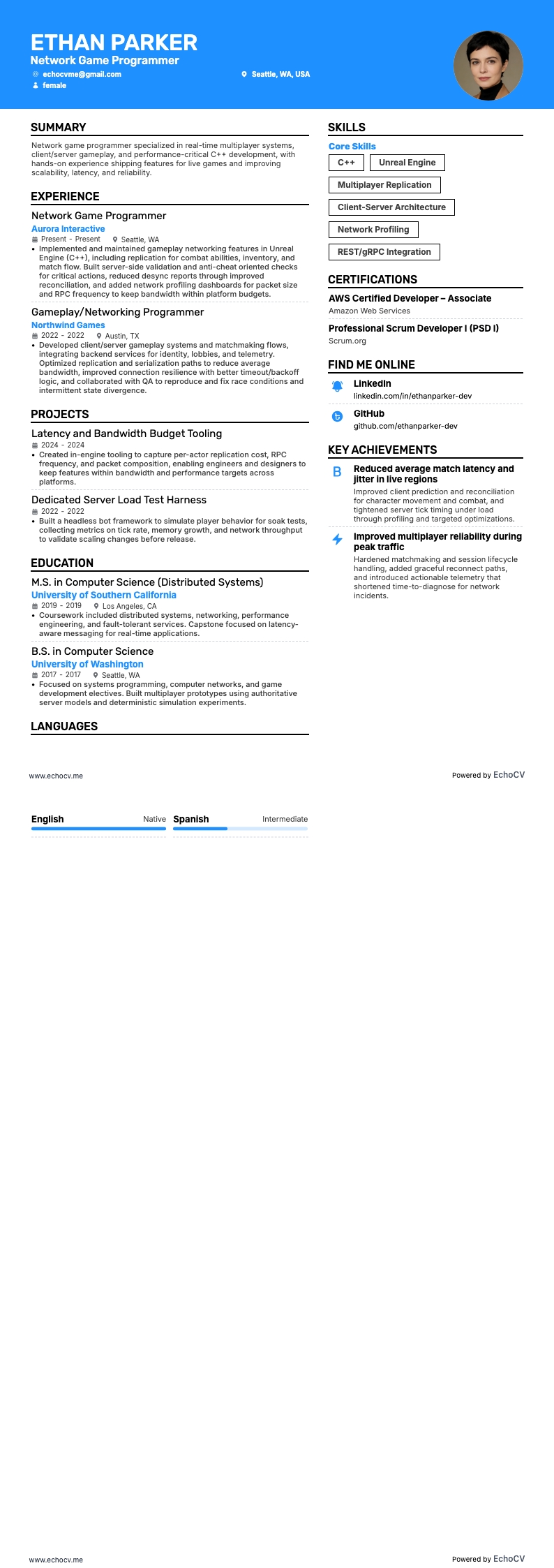 Programmeur de jeux réseau example resume