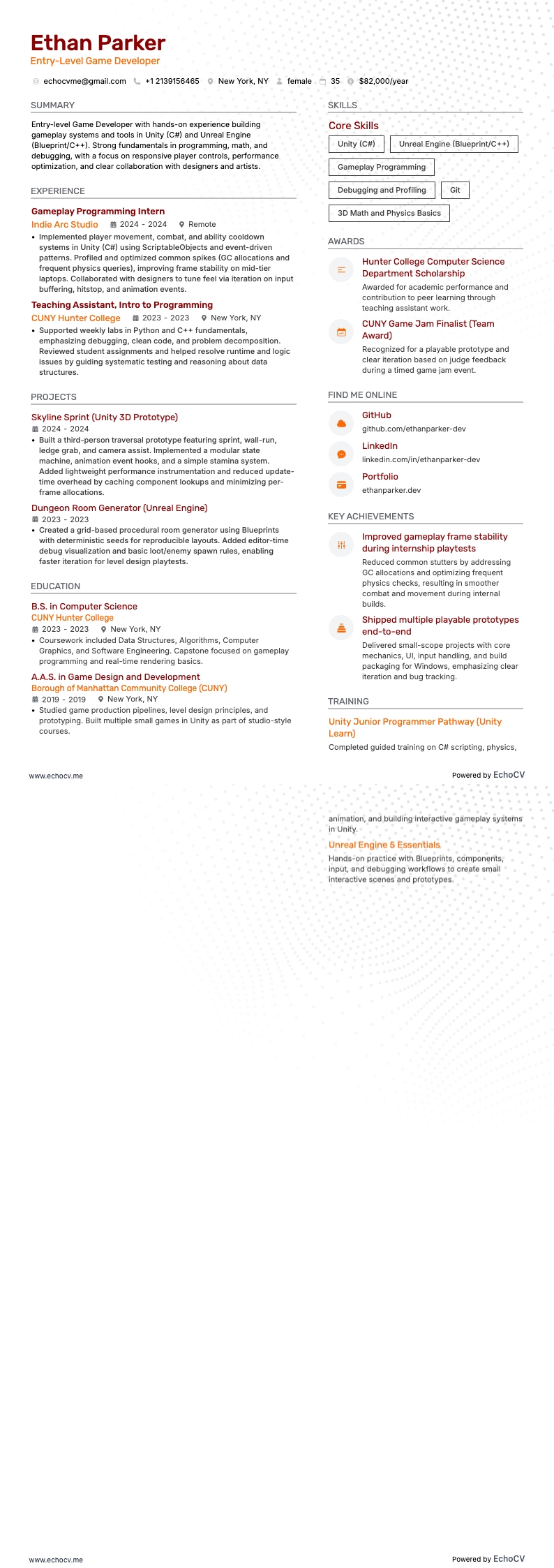 Développeur de jeux vidéo resume example