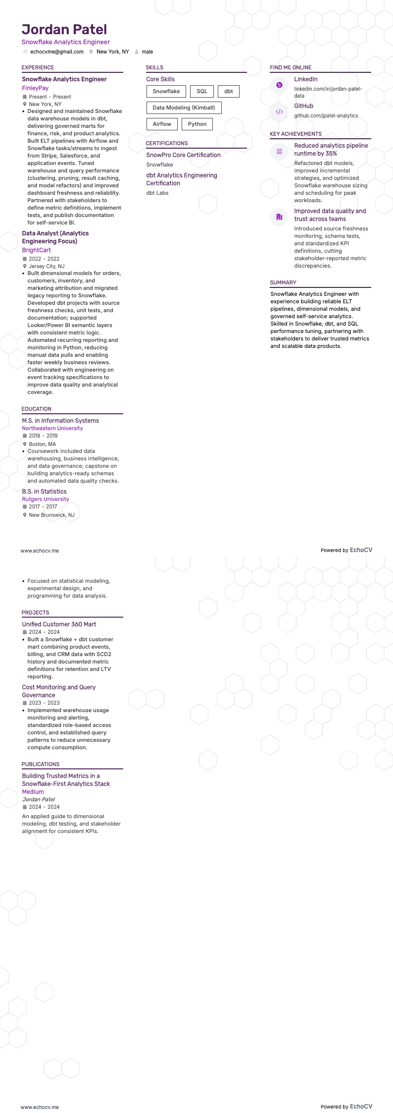 Snowflake Analytics Engineer example resume