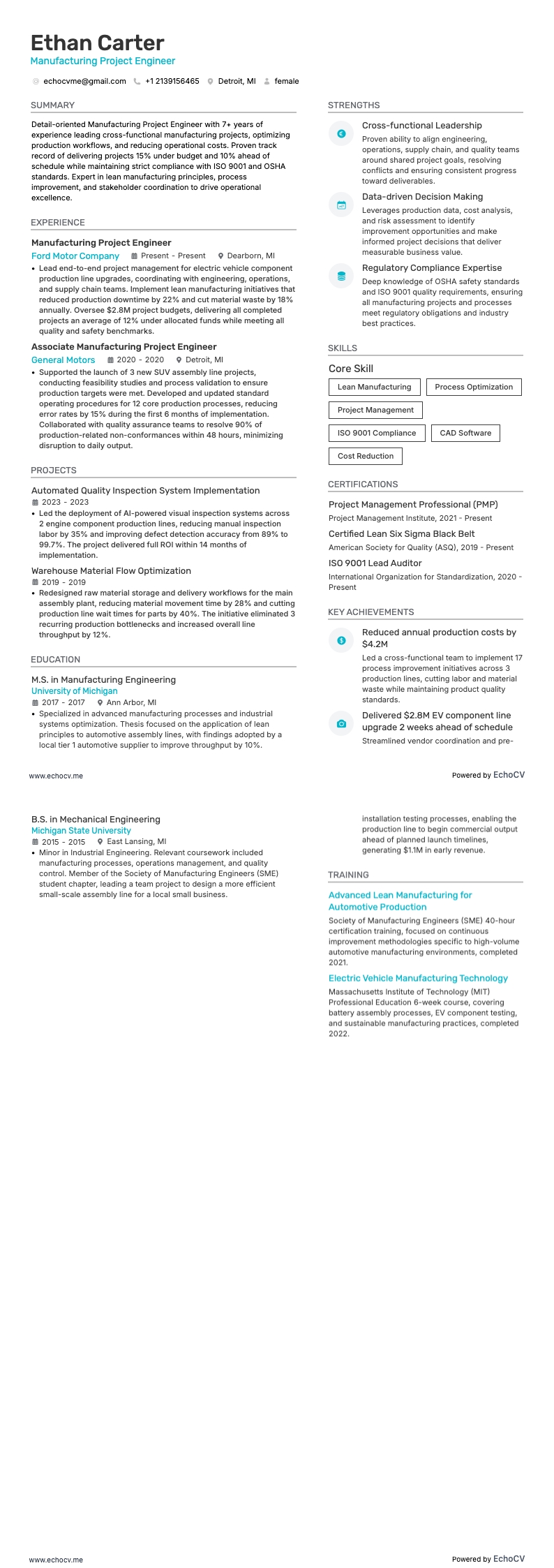Projektingenjör inom tillverkning example resume