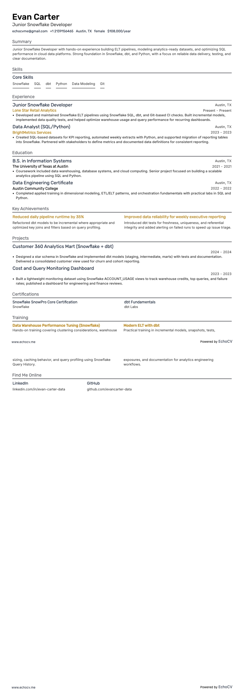 Junior Snowflake Developer example resume