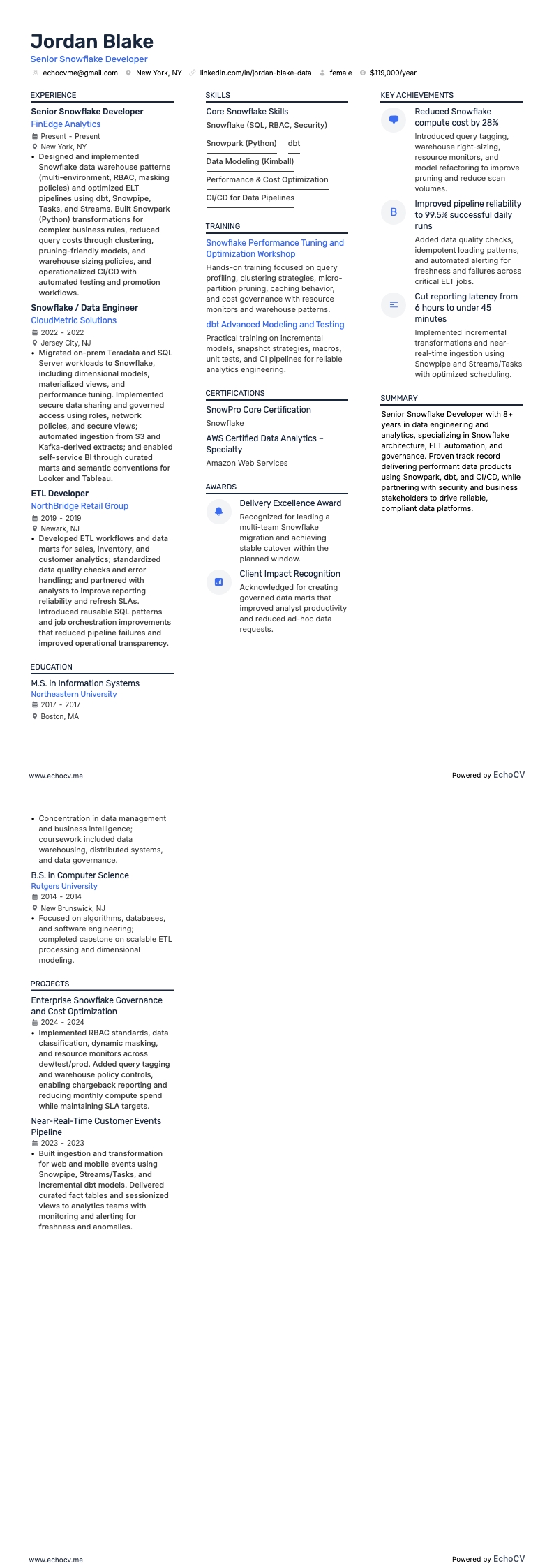 Senior Snowflake Developer example resume