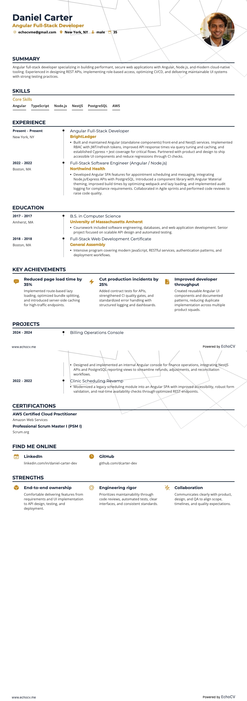 Angular 全栈开发工程师 example resume