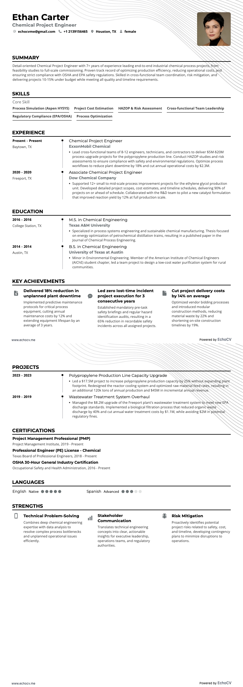 Kemisk projektingenjör example resume
