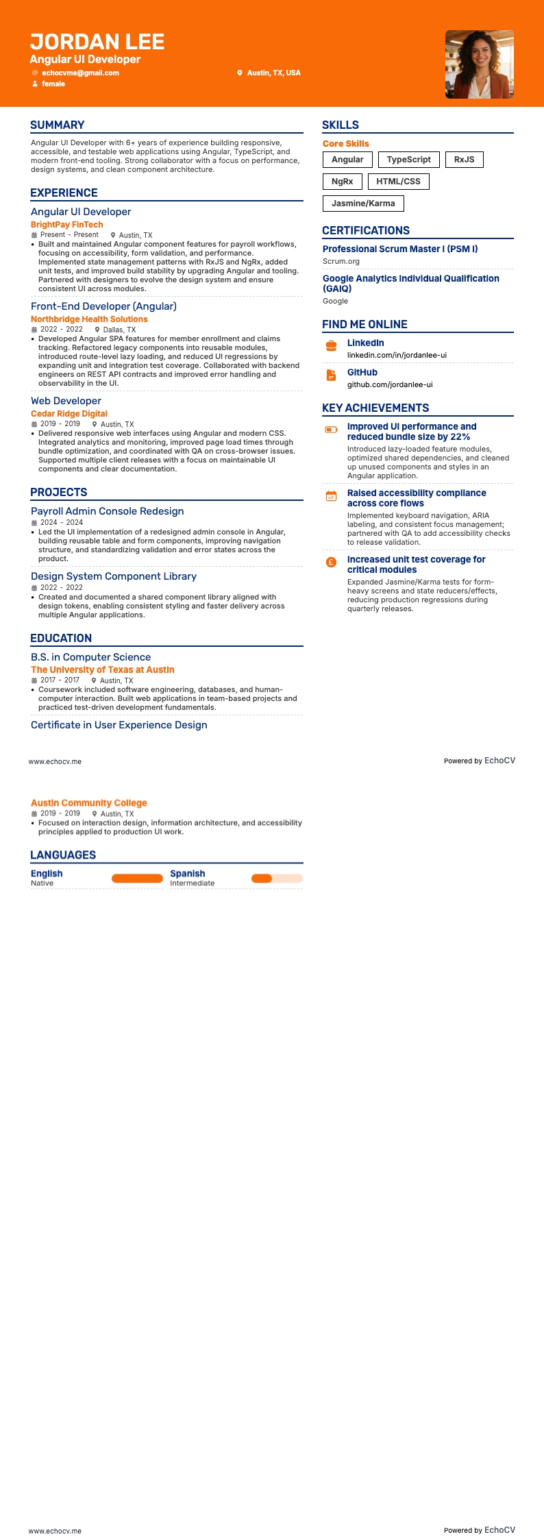 Angular UI开发工程师 example resume