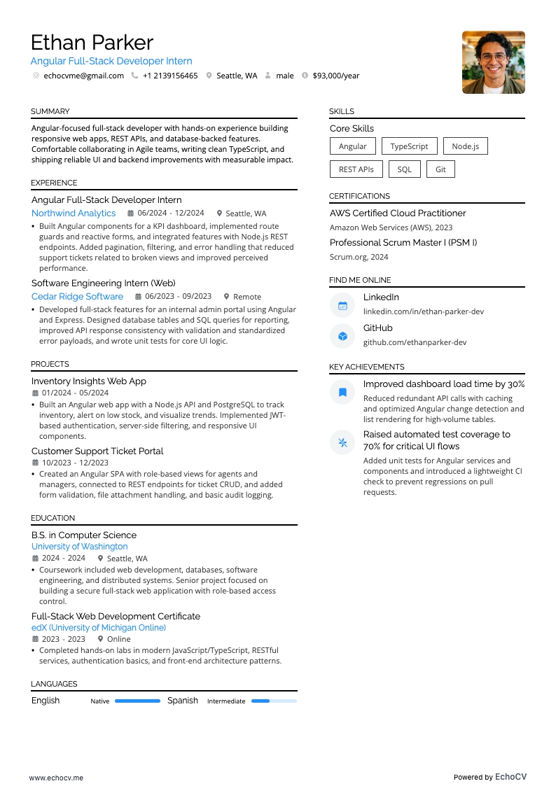 Angular全栈开发实习生 example resume