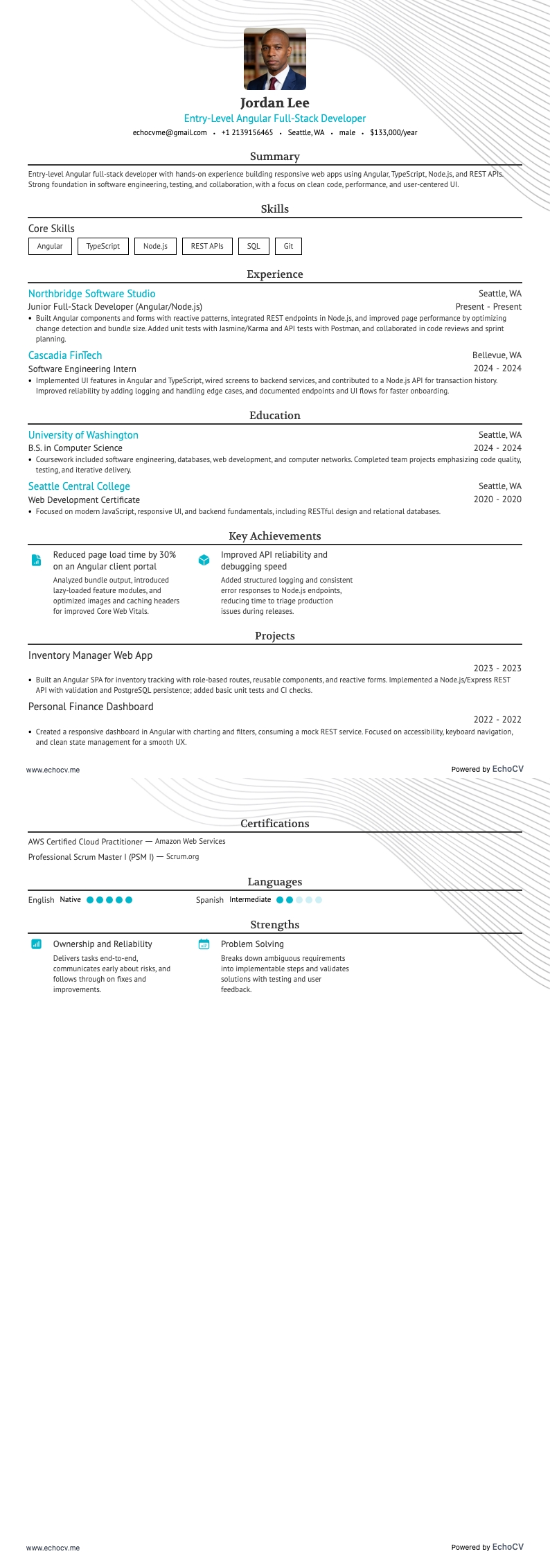 Angular 全栈开发工程师 resume example
