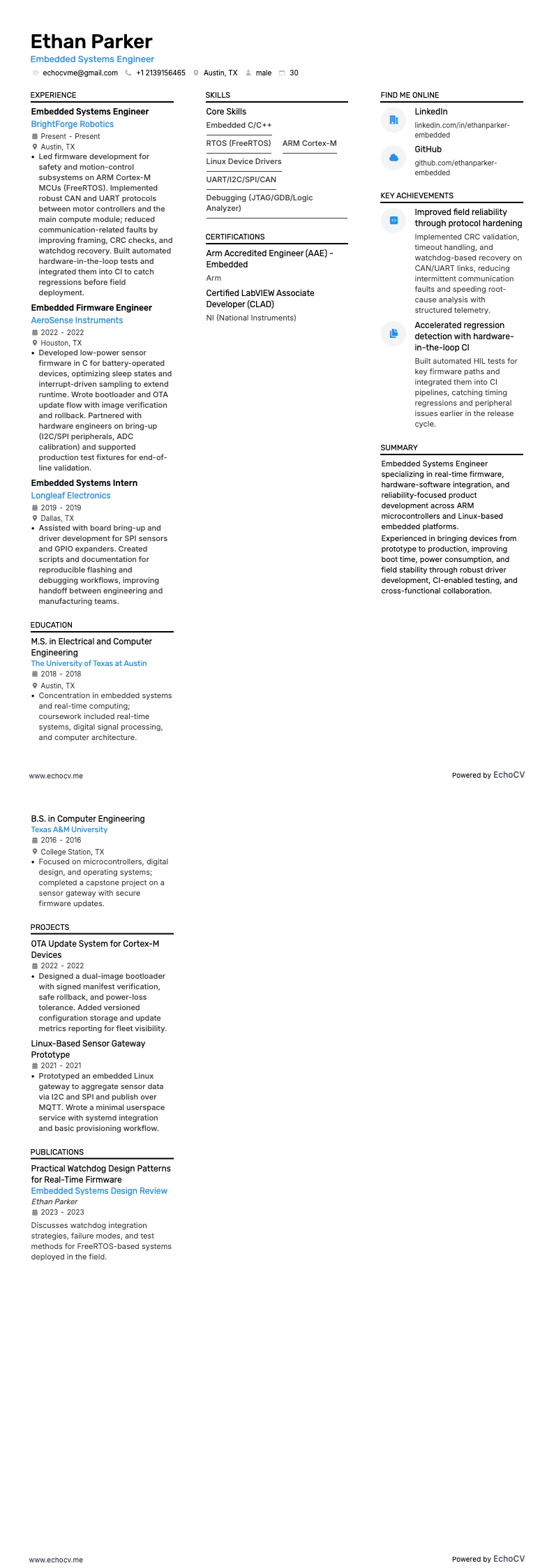 Embedded systems engineer example resume