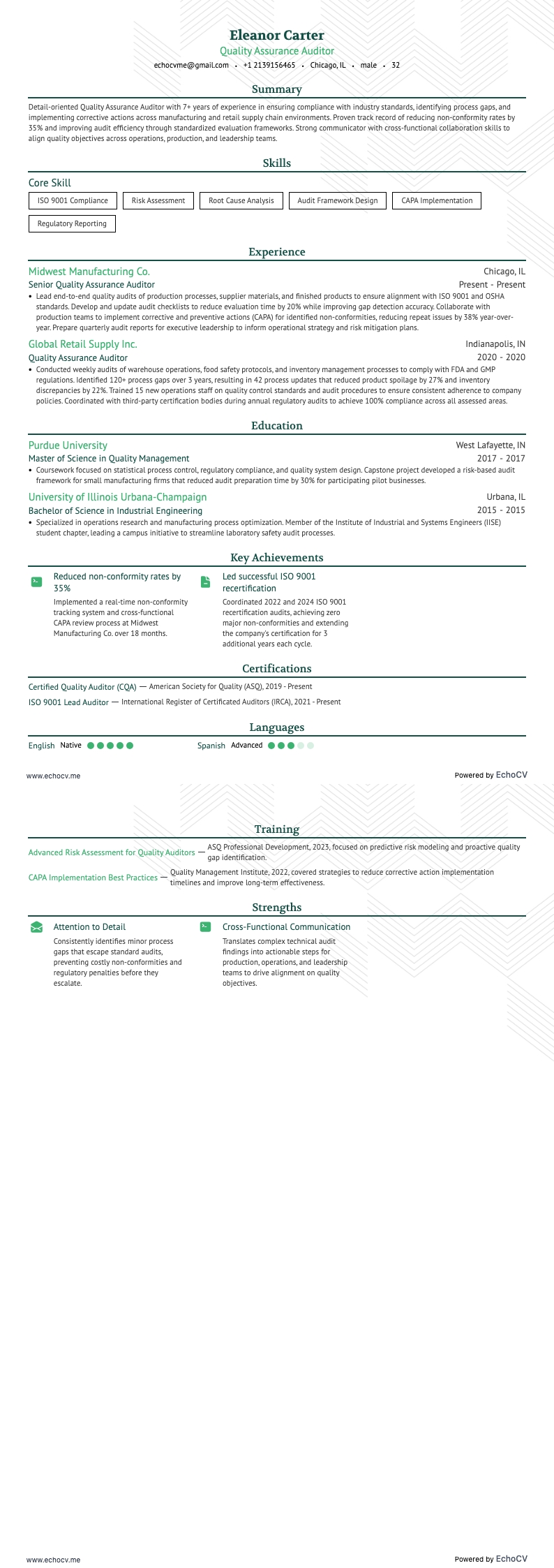 Auditeur qualité example resume