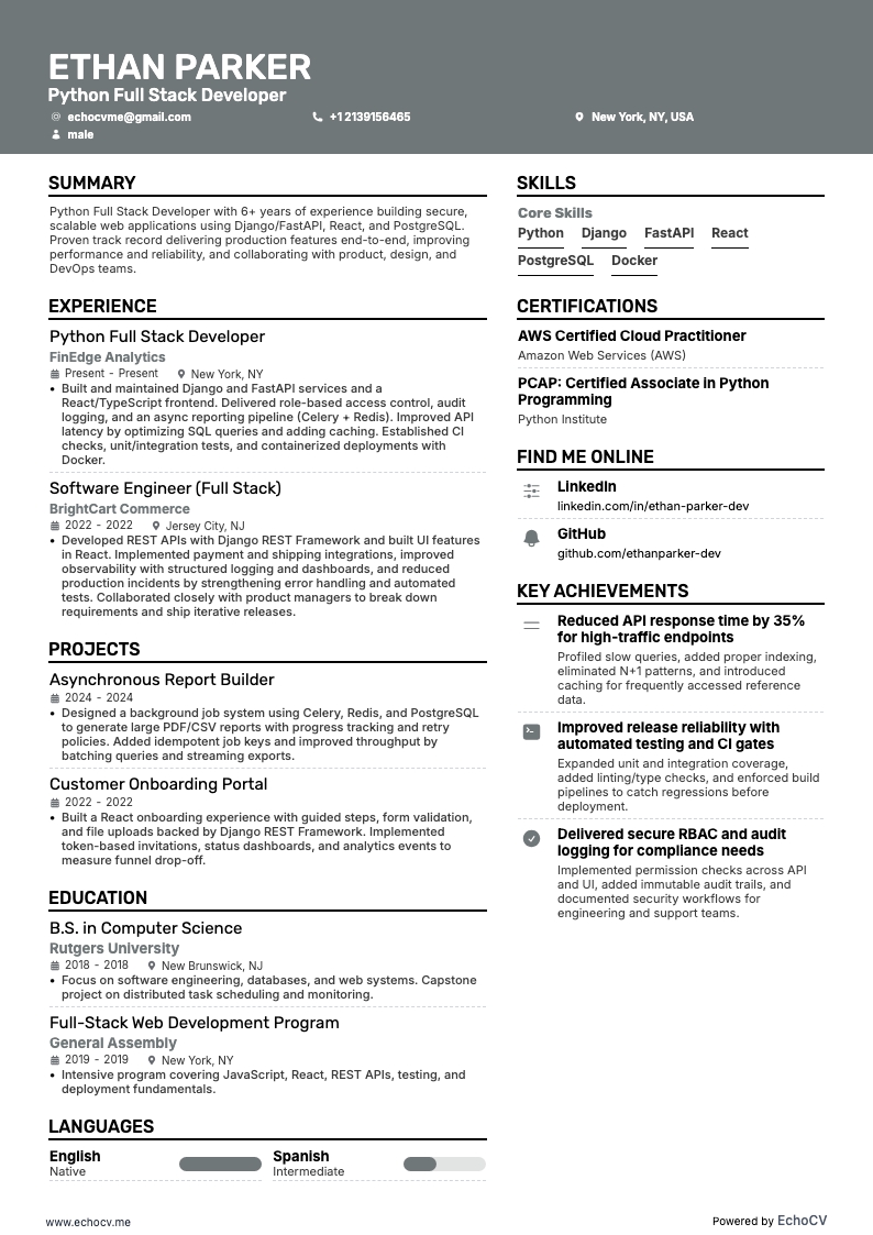 Python fullstackutvecklare resume example