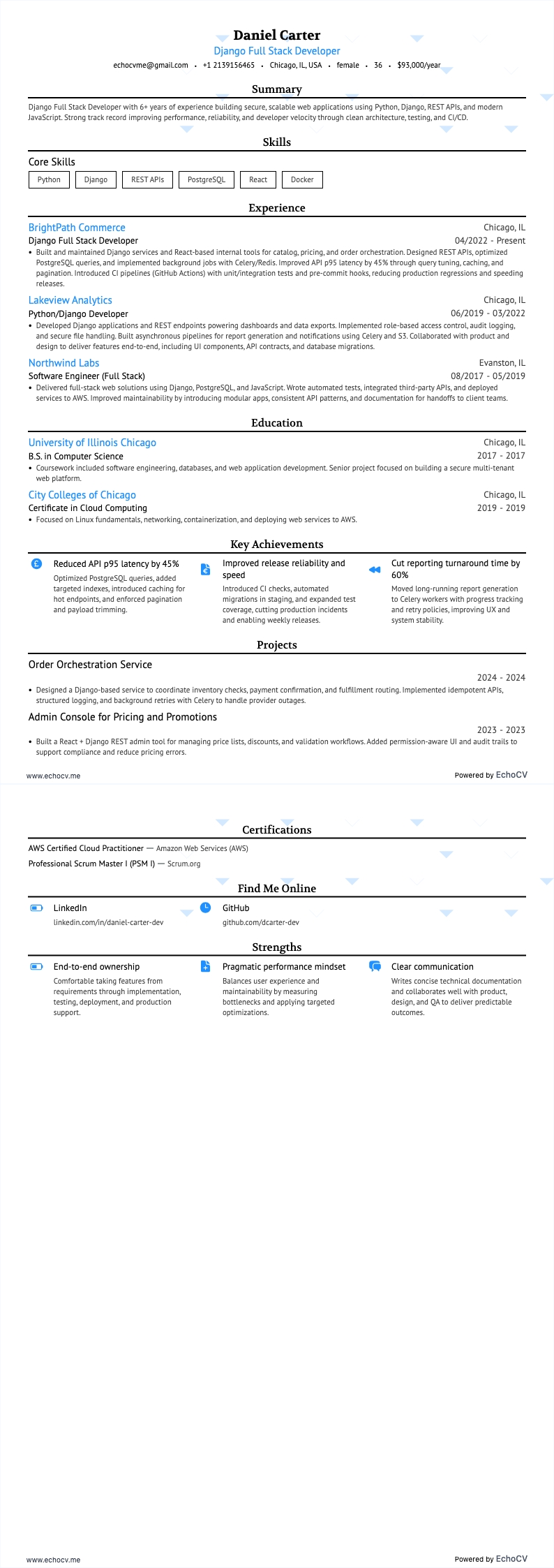 Python 全端開發工程師 resume example