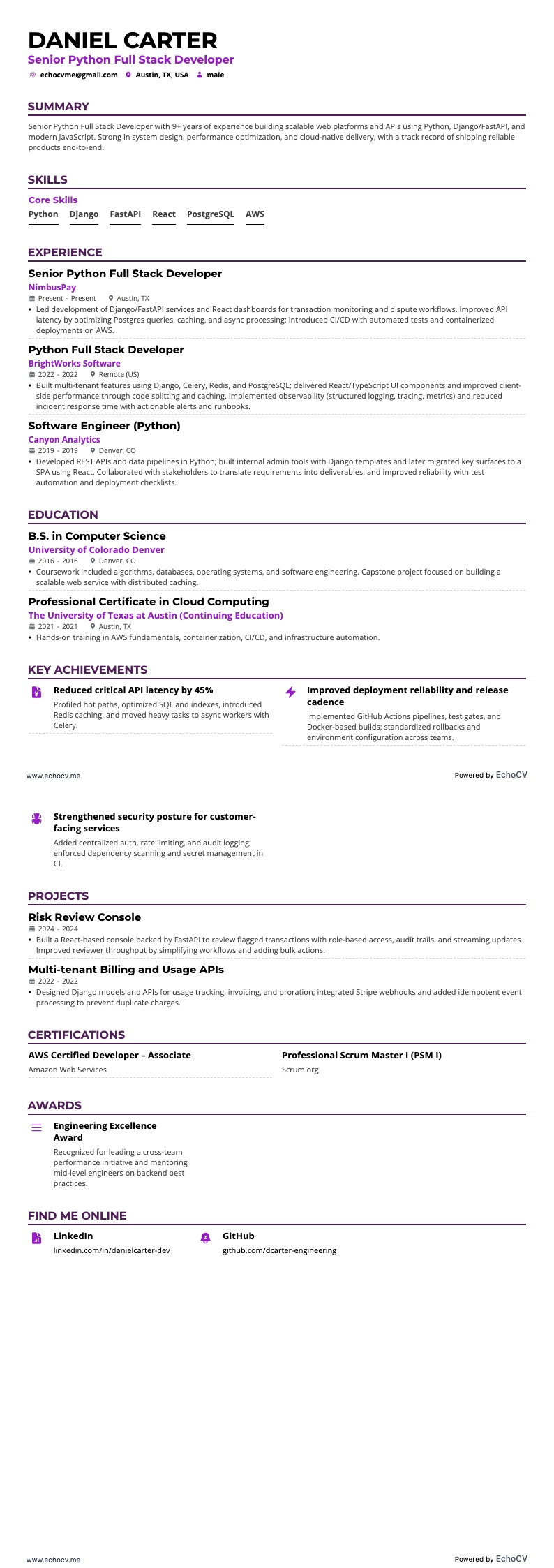 資深Python全端開發工程師 example resume