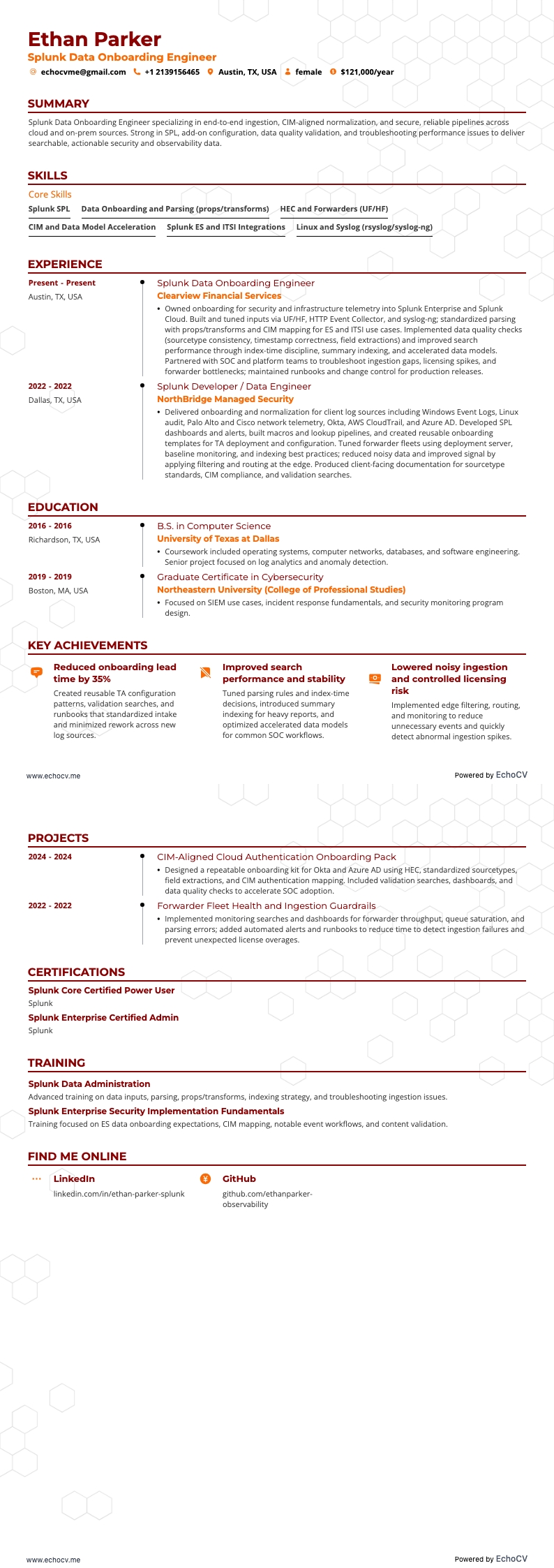 Ingénieur intégration de données Splunk example resume