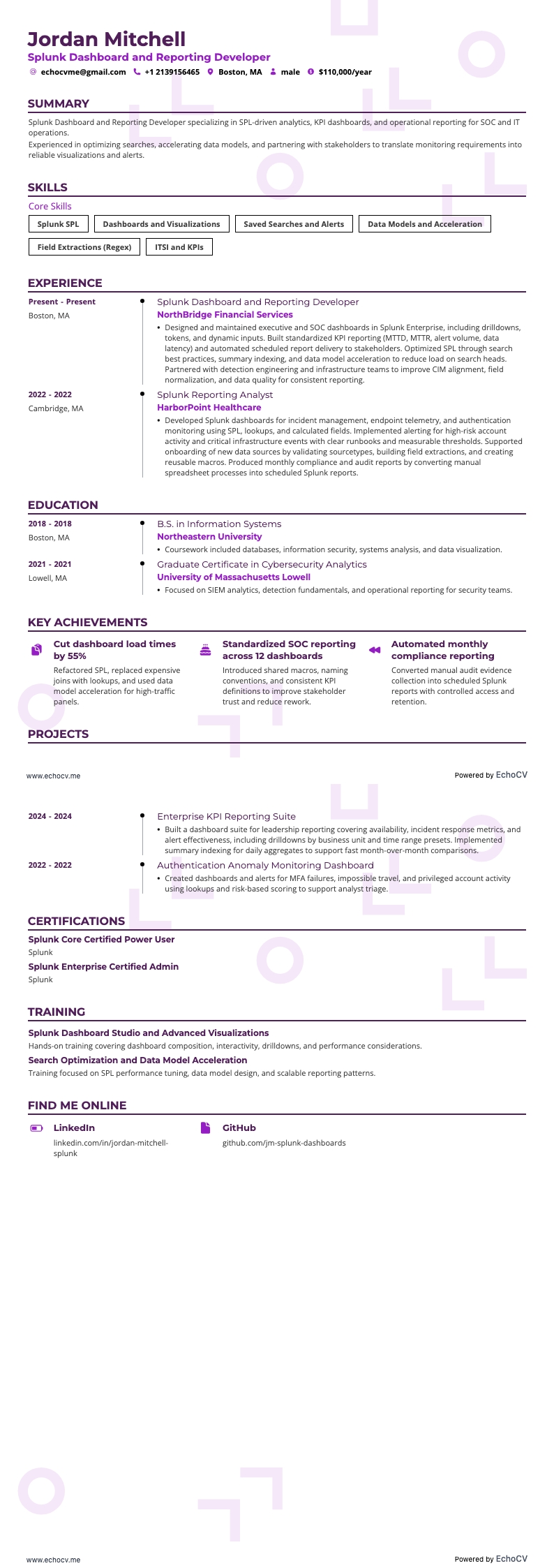 Développeur de tableaux de bord et reporting Splunk example resume