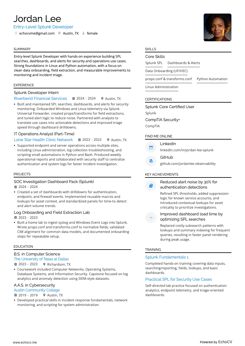Développeur Splunk débutant example resume