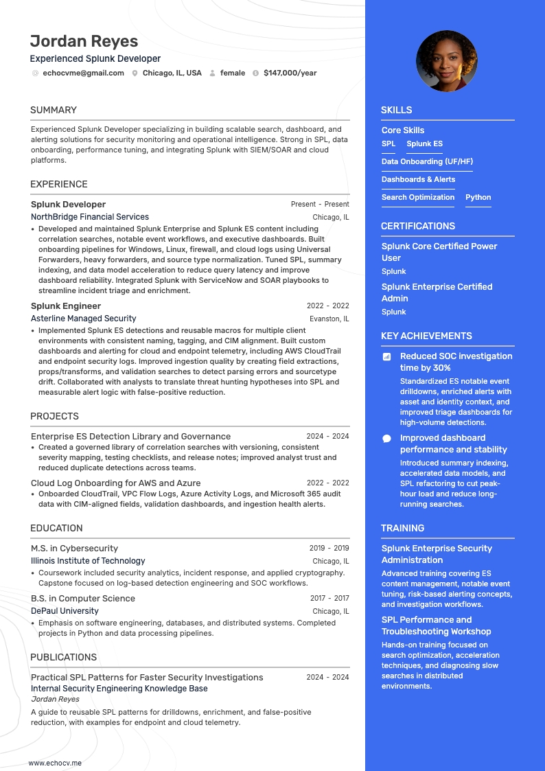 Développeur Splunk resume example