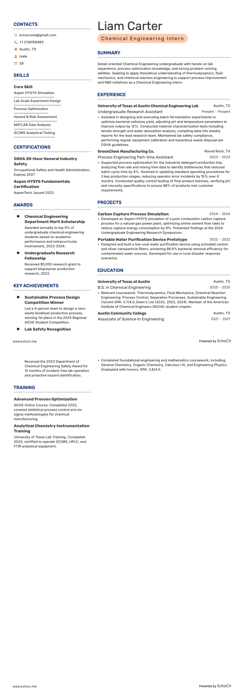 Stagiaire en ingénierie resume example