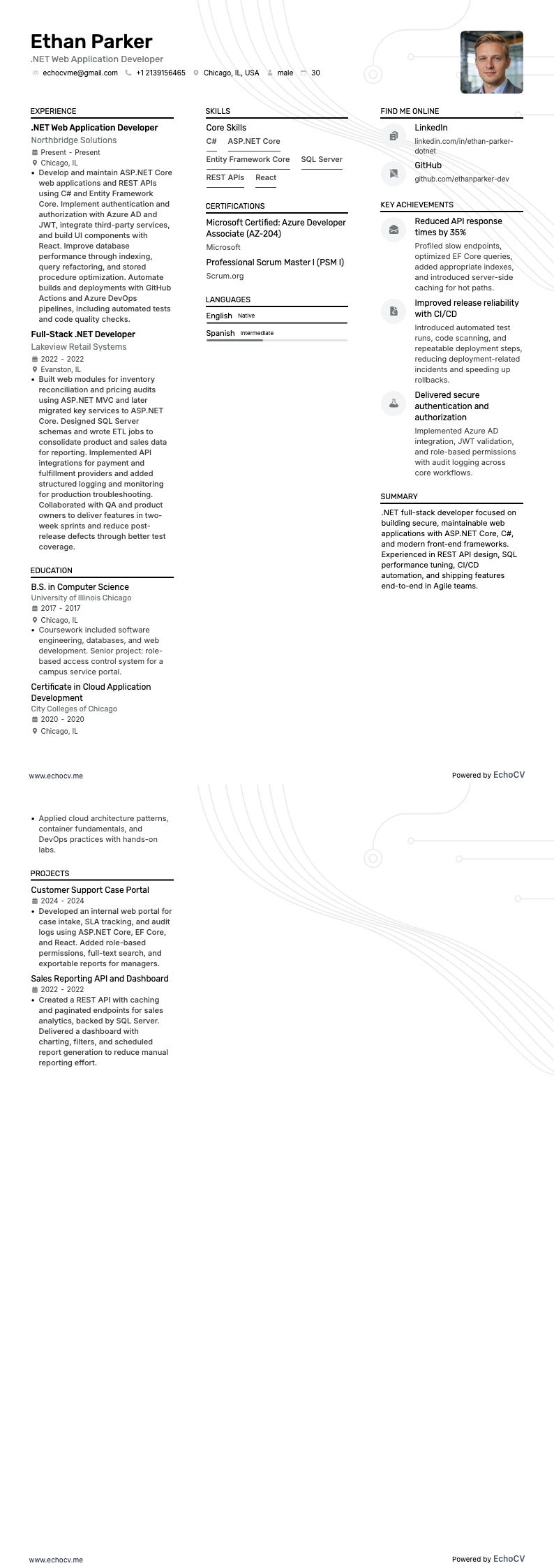 .NET Web应用程序开发人员 resume example