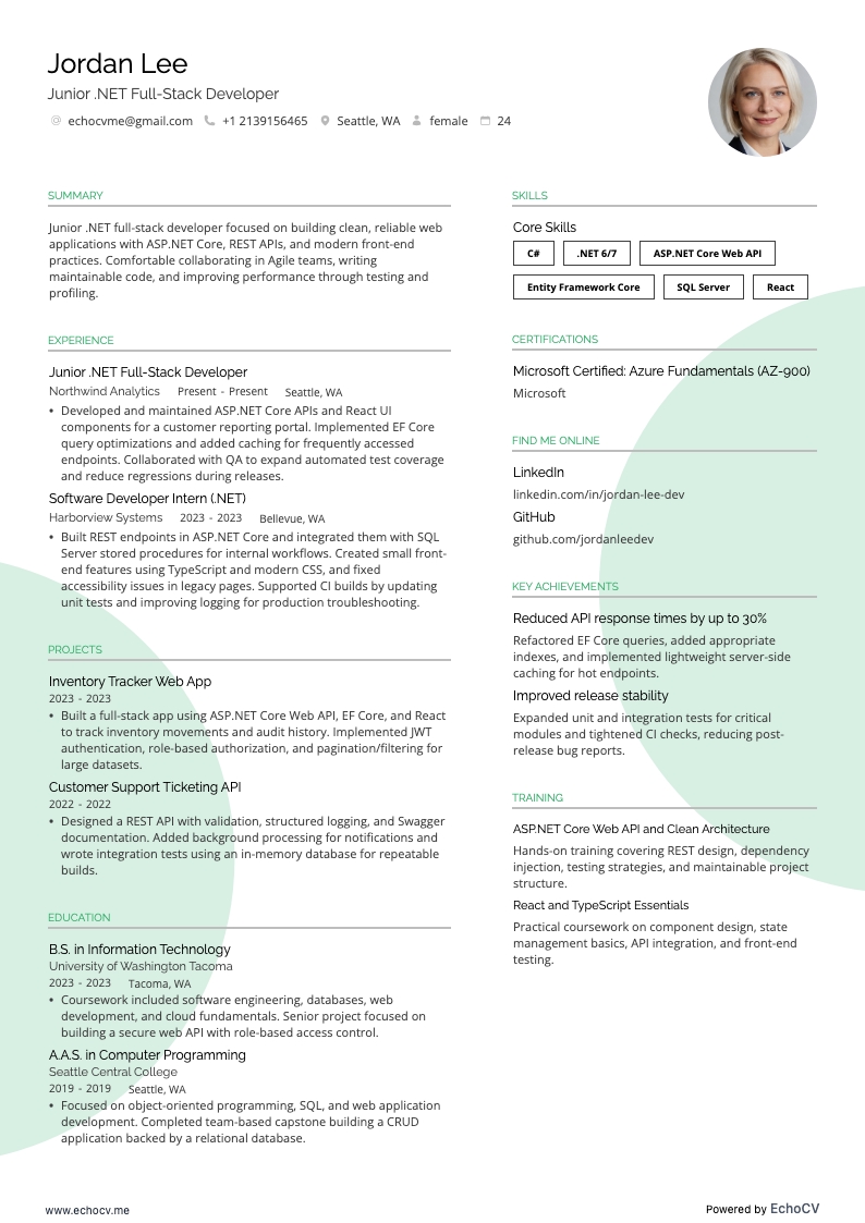 .Net Full-Stack Developer resume example