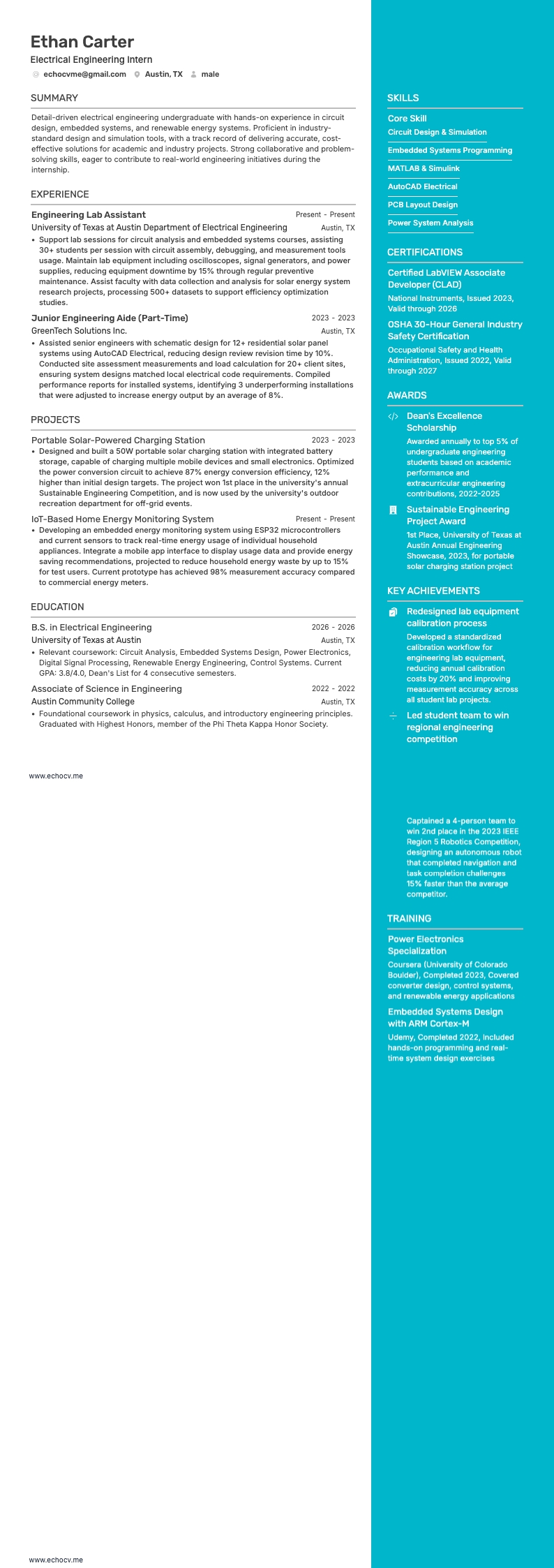 전기공학 인턴 example resume