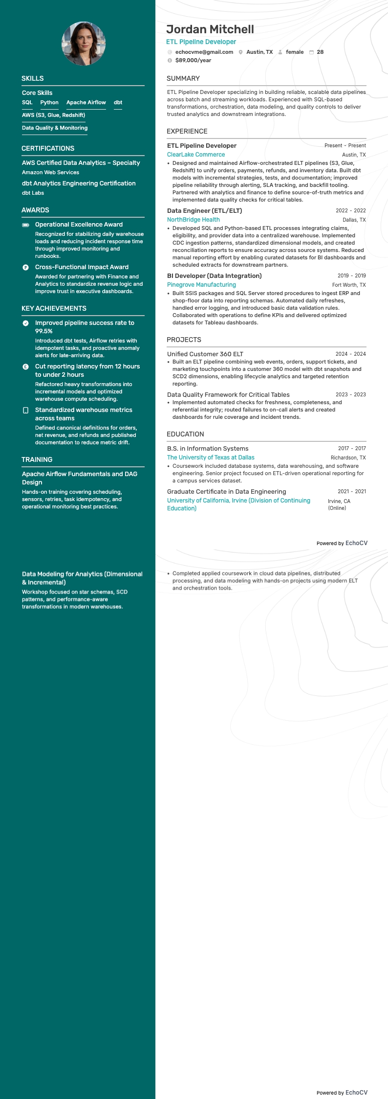 ETL Pipeline Developer example resume