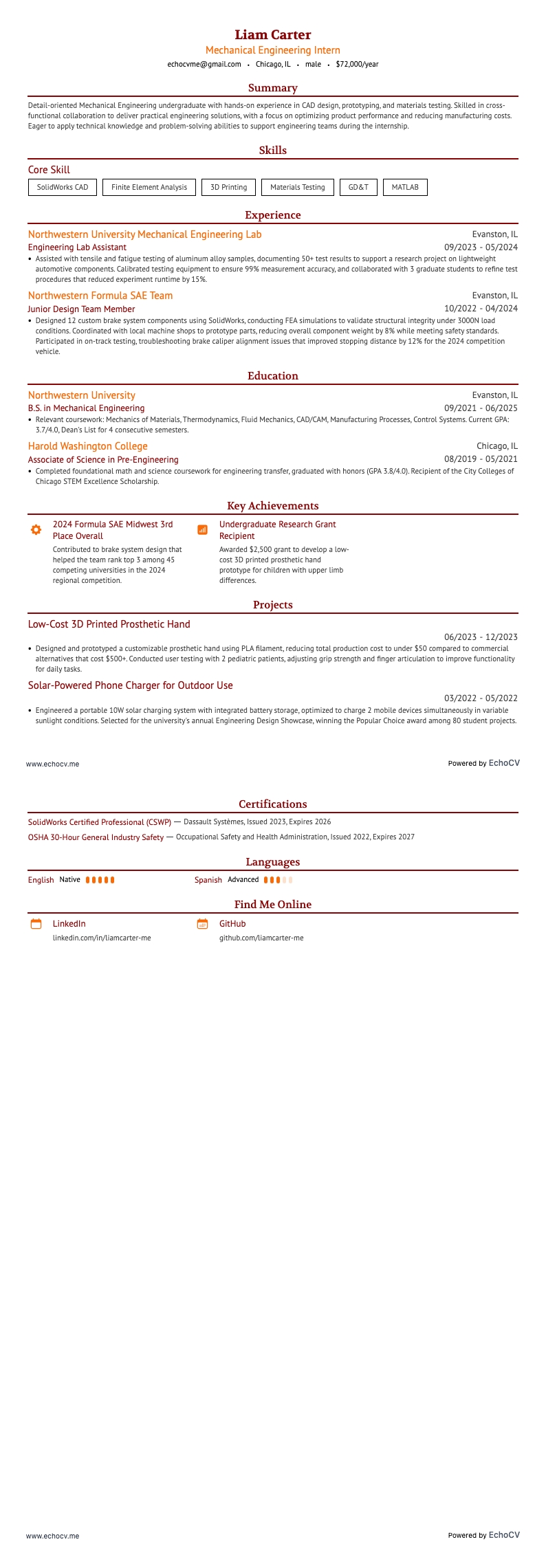 기계공학 인턴 example resume