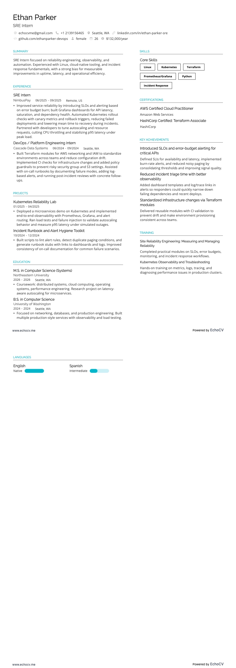 Thực tập sinh SRE example resume