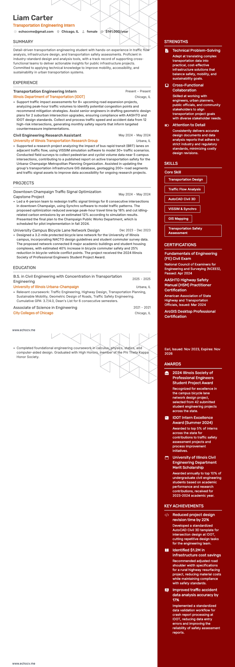 교통공학 인턴 example resume