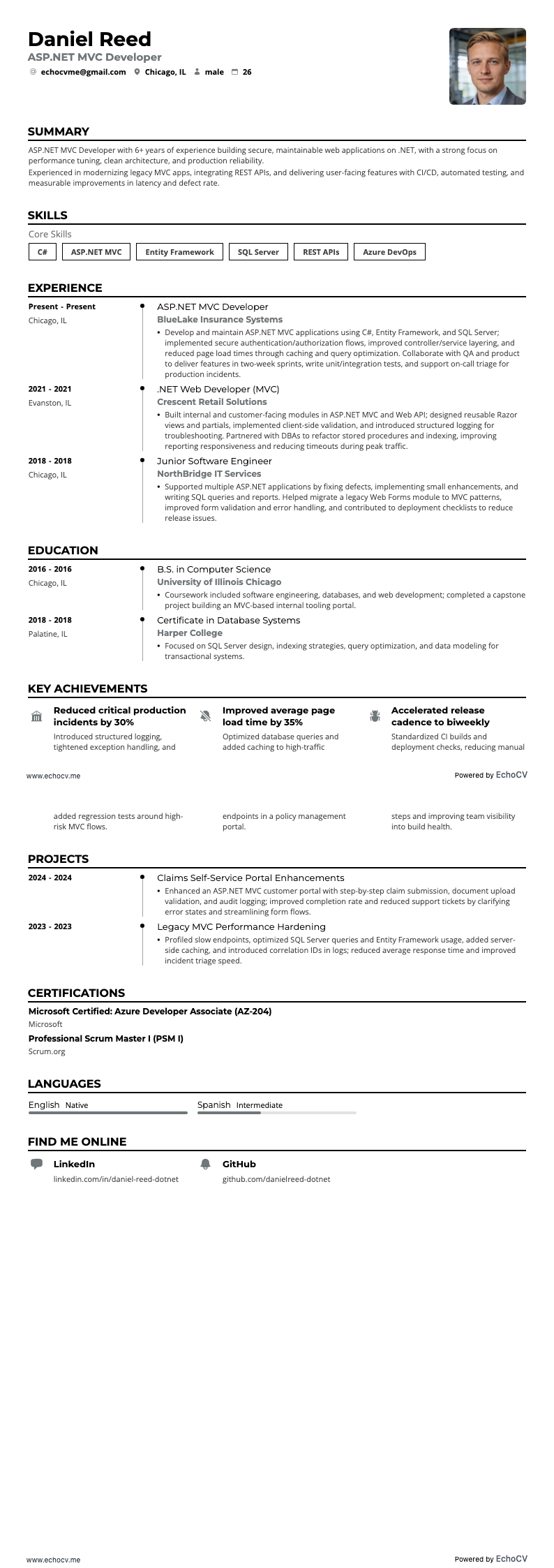 ASP.NET MVC-Entwickler resume example