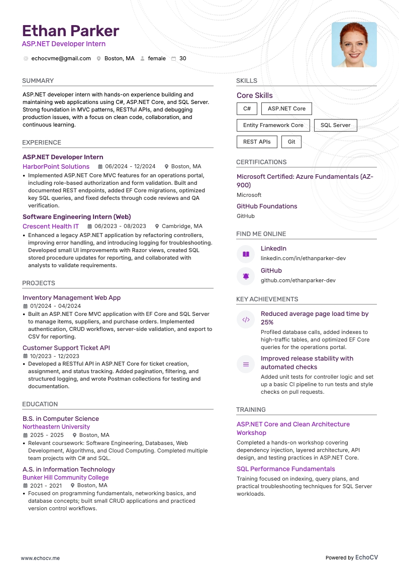 ASP.NET-Entwickler Praktikant example resume