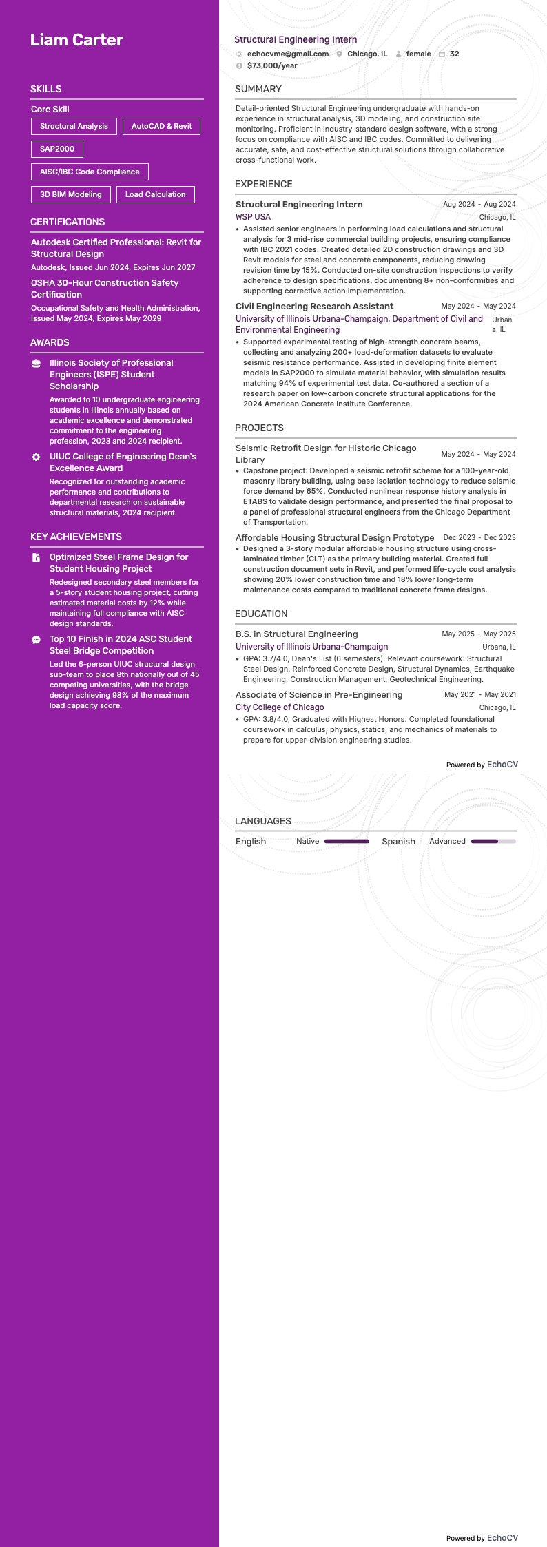 구조공학 인턴 example resume