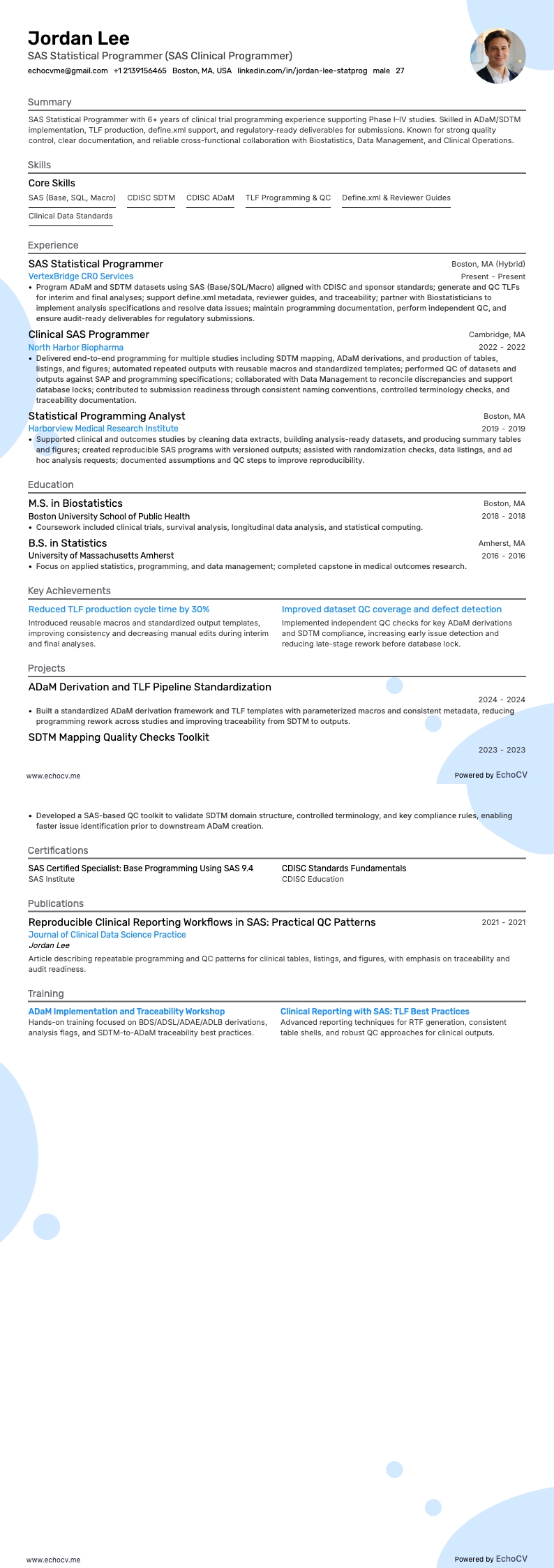 SAS Statistical Programmer example resume