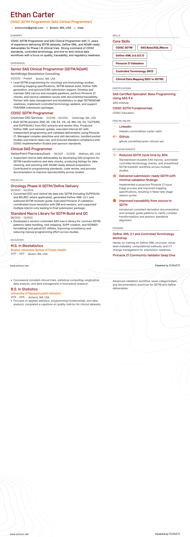 CDISC SDTM Programmer example resume