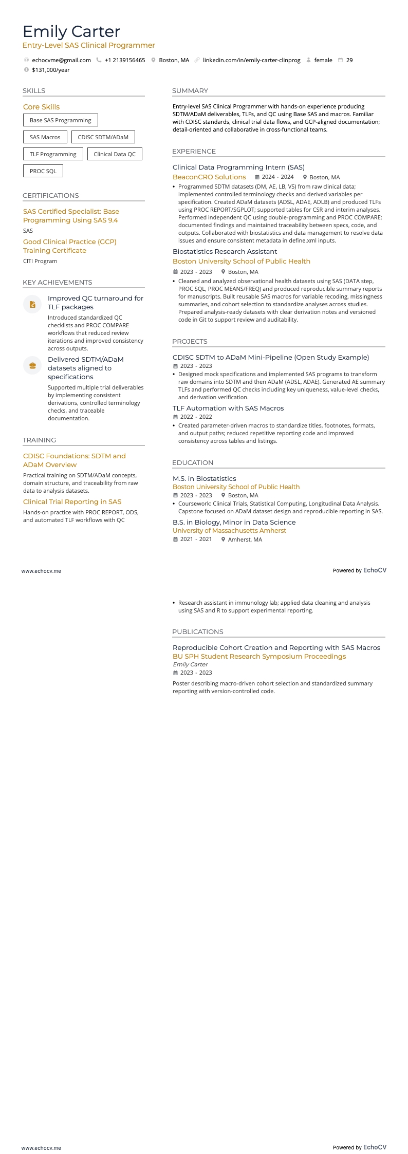 Entry-Level SAS Clinical Programmer example resume