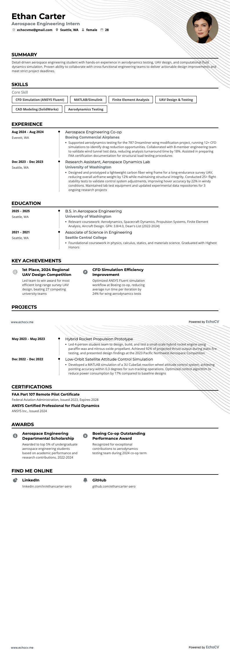 항공우주공학 인턴 example resume