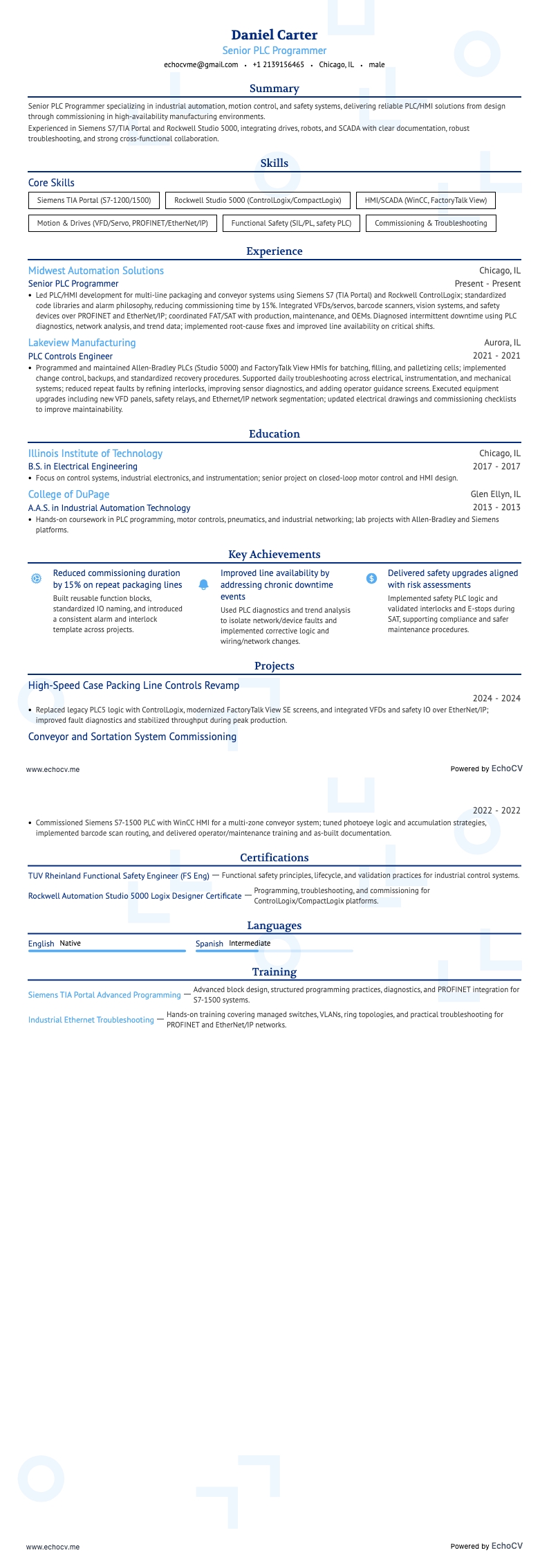 Senior PLC Programmer example resume