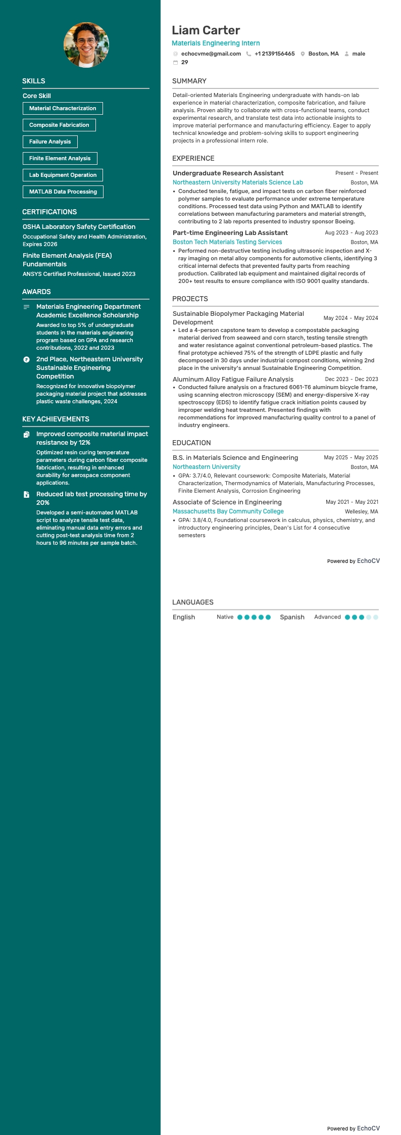 재료공학 인턴 example resume