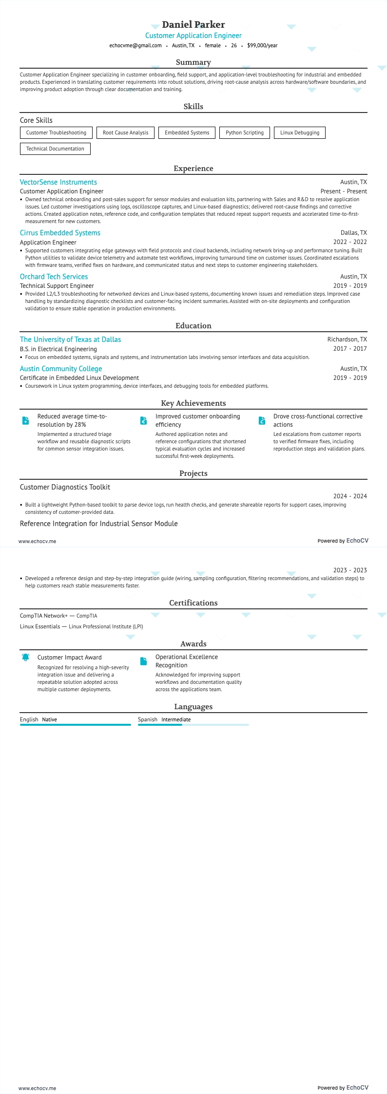 Customer Application Engineer example resume